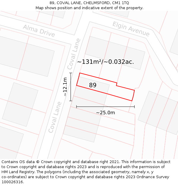 89, COVAL LANE, CHELMSFORD, CM1 1TQ: Plot and title map