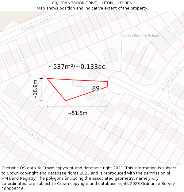 89, CRANBROOK DRIVE, LUTON, LU3 3EN: Plot and title map