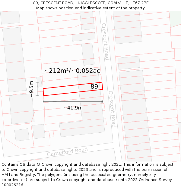 89, CRESCENT ROAD, HUGGLESCOTE, COALVILLE, LE67 2BE: Plot and title map
