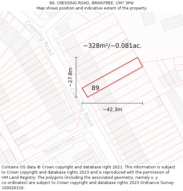 89, CRESSING ROAD, BRAINTREE, CM7 3PW: Plot and title map