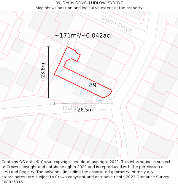 89, DAHN DRIVE, LUDLOW, SY8 1YG: Plot and title map