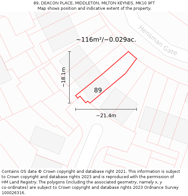 89, DEACON PLACE, MIDDLETON, MILTON KEYNES, MK10 9FT: Plot and title map