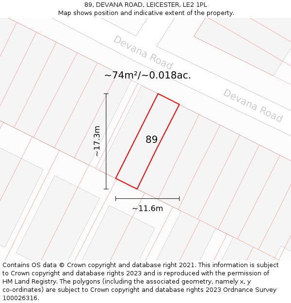 89, DEVANA ROAD, LEICESTER, LE2 1PL: Plot and title map