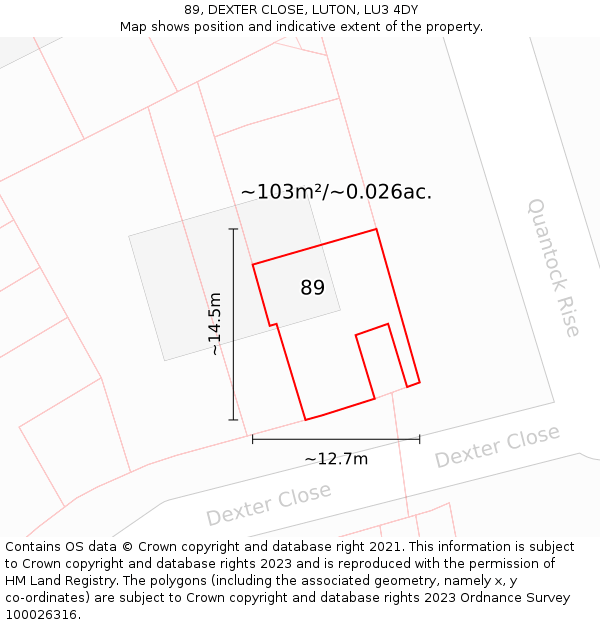89, DEXTER CLOSE, LUTON, LU3 4DY: Plot and title map