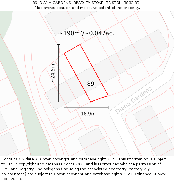 89, DIANA GARDENS, BRADLEY STOKE, BRISTOL, BS32 8DL: Plot and title map