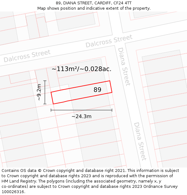89, DIANA STREET, CARDIFF, CF24 4TT: Plot and title map