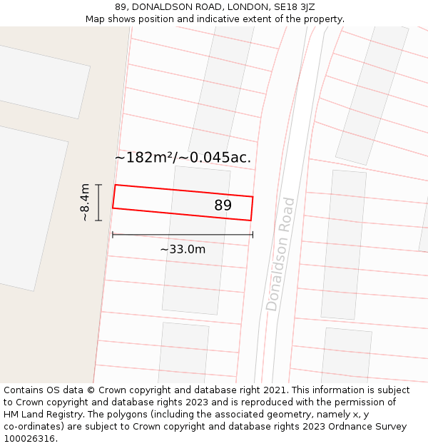 89, DONALDSON ROAD, LONDON, SE18 3JZ: Plot and title map