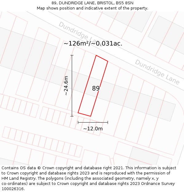89, DUNDRIDGE LANE, BRISTOL, BS5 8SN: Plot and title map