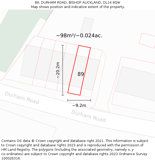 89, DURHAM ROAD, BISHOP AUCKLAND, DL14 8QW: Plot and title map