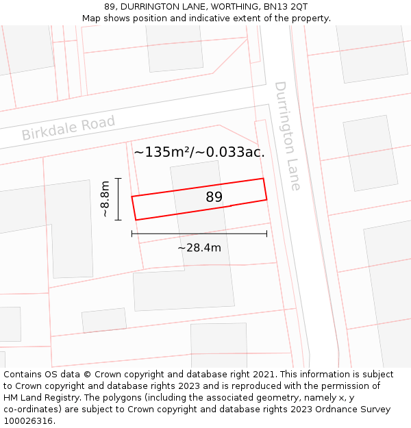 89, DURRINGTON LANE, WORTHING, BN13 2QT: Plot and title map