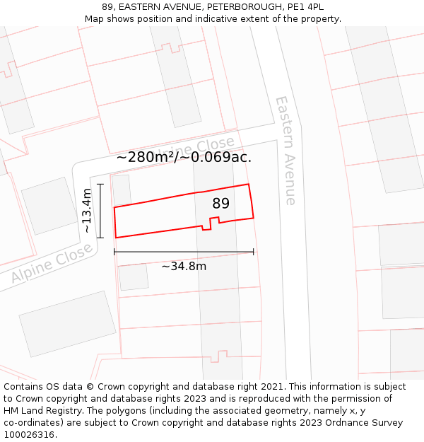 89, EASTERN AVENUE, PETERBOROUGH, PE1 4PL: Plot and title map