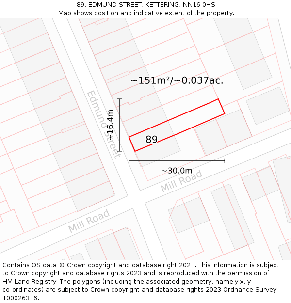 89, EDMUND STREET, KETTERING, NN16 0HS: Plot and title map