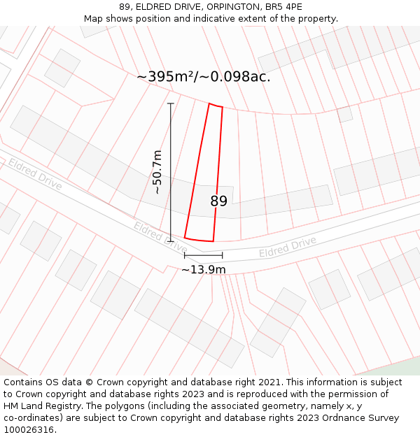 89, ELDRED DRIVE, ORPINGTON, BR5 4PE: Plot and title map
