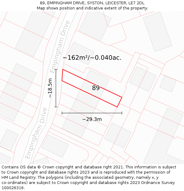 89, EMPINGHAM DRIVE, SYSTON, LEICESTER, LE7 2DL: Plot and title map