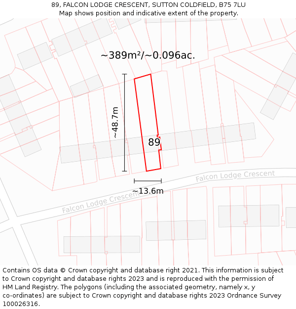 89, FALCON LODGE CRESCENT, SUTTON COLDFIELD, B75 7LU: Plot and title map