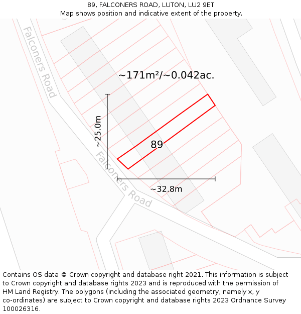 89, FALCONERS ROAD, LUTON, LU2 9ET: Plot and title map