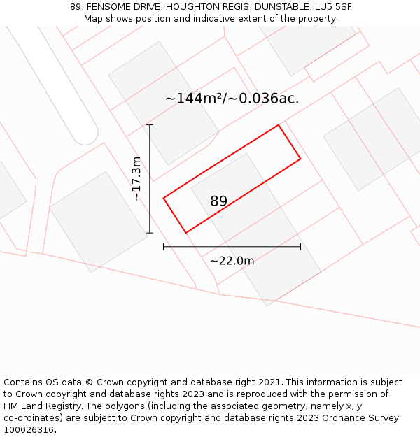 89, FENSOME DRIVE, HOUGHTON REGIS, DUNSTABLE, LU5 5SF: Plot and title map
