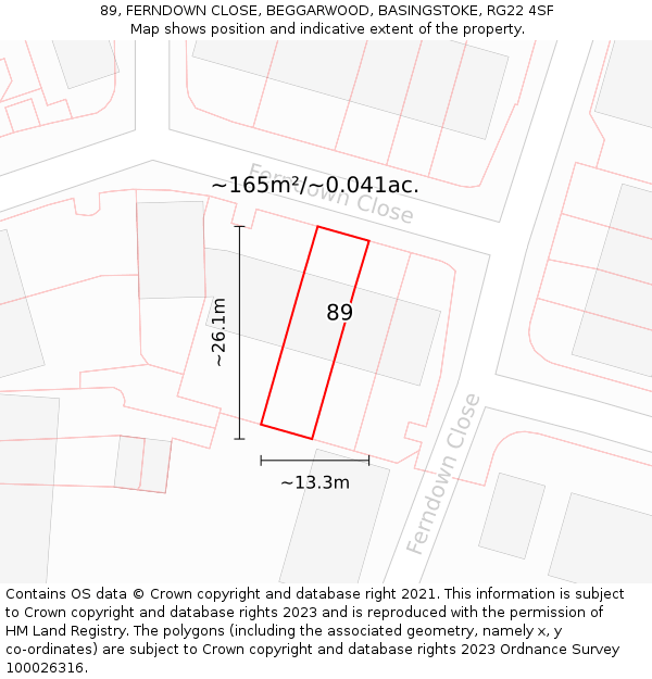 89, FERNDOWN CLOSE, BEGGARWOOD, BASINGSTOKE, RG22 4SF: Plot and title map
