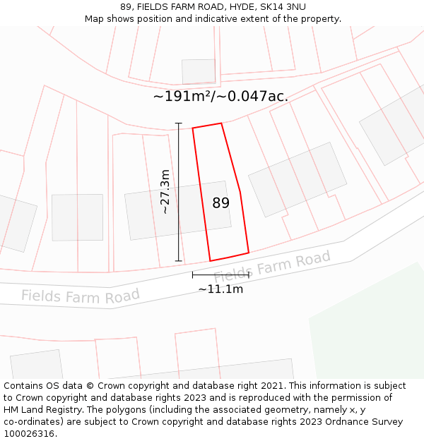 89, FIELDS FARM ROAD, HYDE, SK14 3NU: Plot and title map