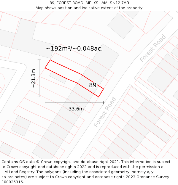 89, FOREST ROAD, MELKSHAM, SN12 7AB: Plot and title map