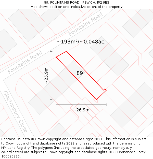 89, FOUNTAINS ROAD, IPSWICH, IP2 9ES: Plot and title map