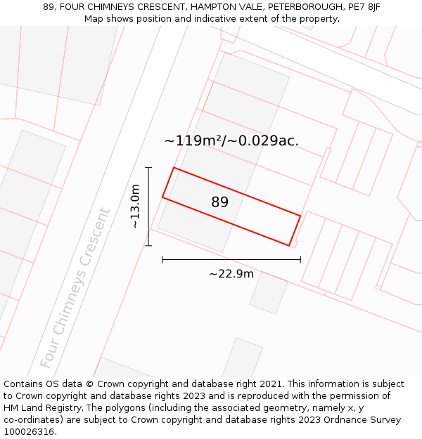 89, FOUR CHIMNEYS CRESCENT, HAMPTON VALE, PETERBOROUGH, PE7 8JF: Plot and title map