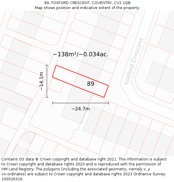 89, FOXFORD CRESCENT, COVENTRY, CV2 1QB: Plot and title map