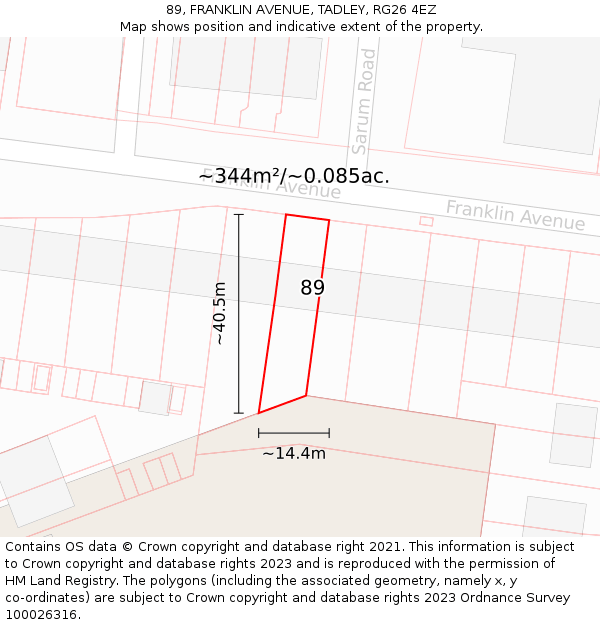 89, FRANKLIN AVENUE, TADLEY, RG26 4EZ: Plot and title map