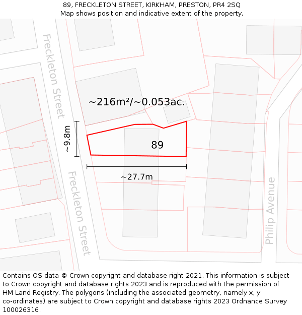 89, FRECKLETON STREET, KIRKHAM, PRESTON, PR4 2SQ: Plot and title map