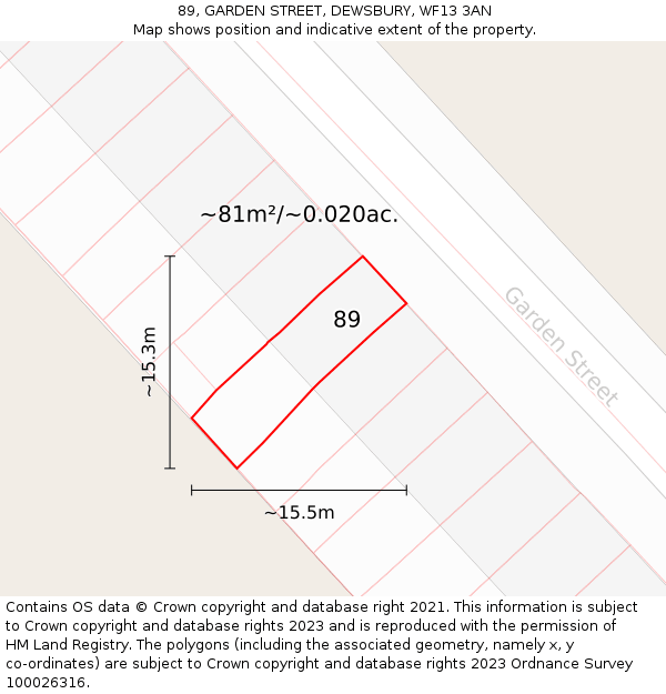 89, GARDEN STREET, DEWSBURY, WF13 3AN: Plot and title map