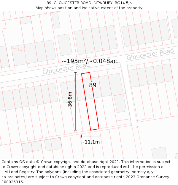 89, GLOUCESTER ROAD, NEWBURY, RG14 5JN: Plot and title map