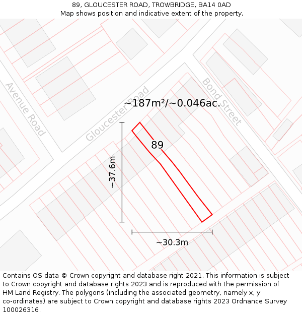 89, GLOUCESTER ROAD, TROWBRIDGE, BA14 0AD: Plot and title map
