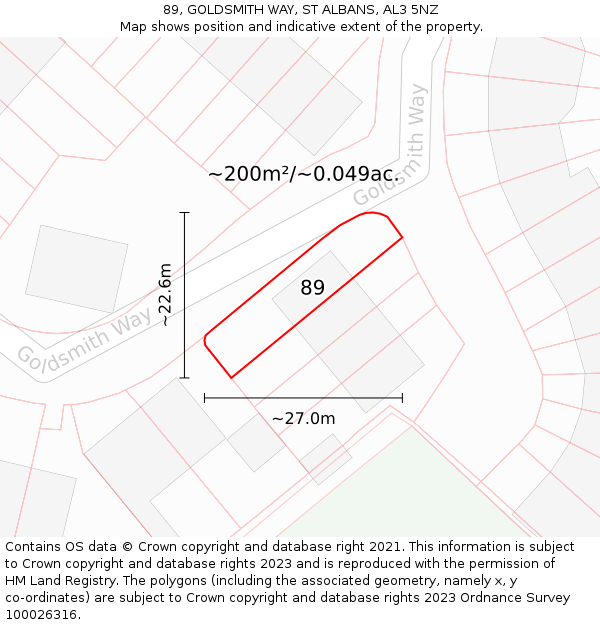 89, GOLDSMITH WAY, ST ALBANS, AL3 5NZ: Plot and title map
