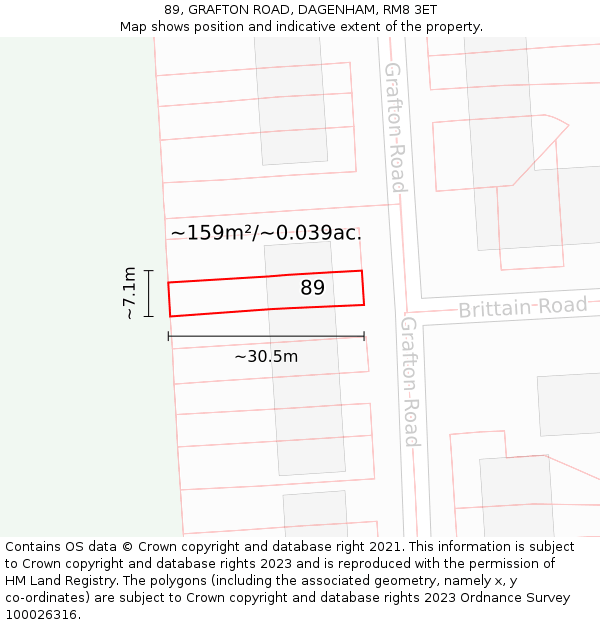 89, GRAFTON ROAD, DAGENHAM, RM8 3ET: Plot and title map