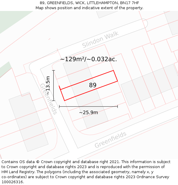 89, GREENFIELDS, WICK, LITTLEHAMPTON, BN17 7HF: Plot and title map