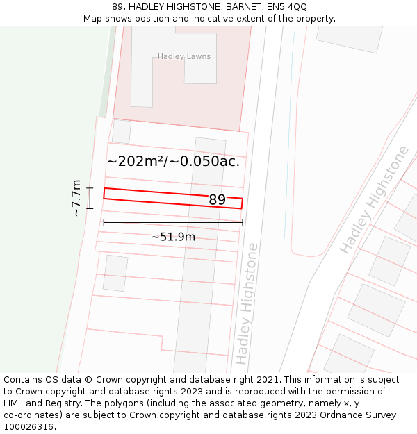 89, HADLEY HIGHSTONE, BARNET, EN5 4QQ: Plot and title map