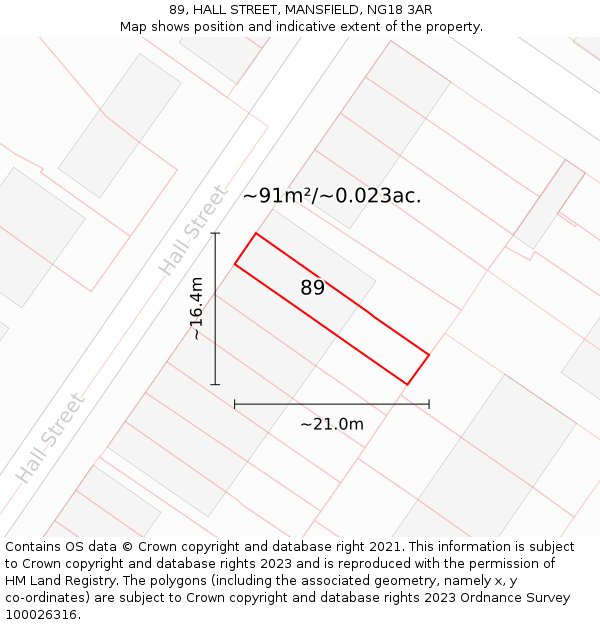 89, HALL STREET, MANSFIELD, NG18 3AR: Plot and title map