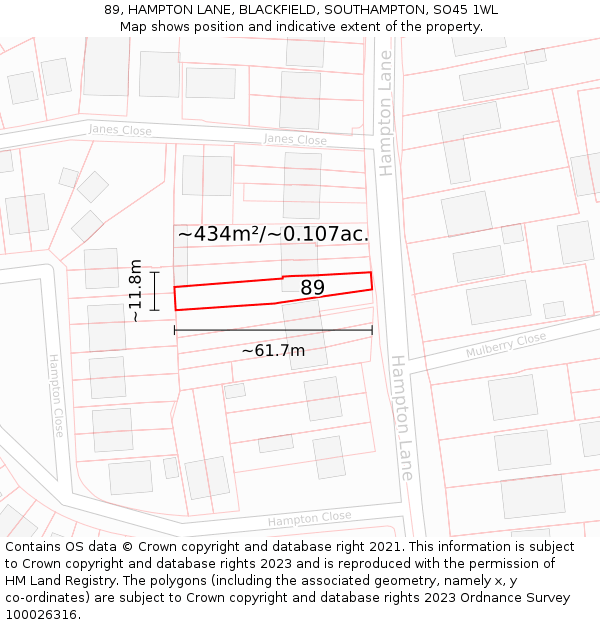 89, HAMPTON LANE, BLACKFIELD, SOUTHAMPTON, SO45 1WL: Plot and title map
