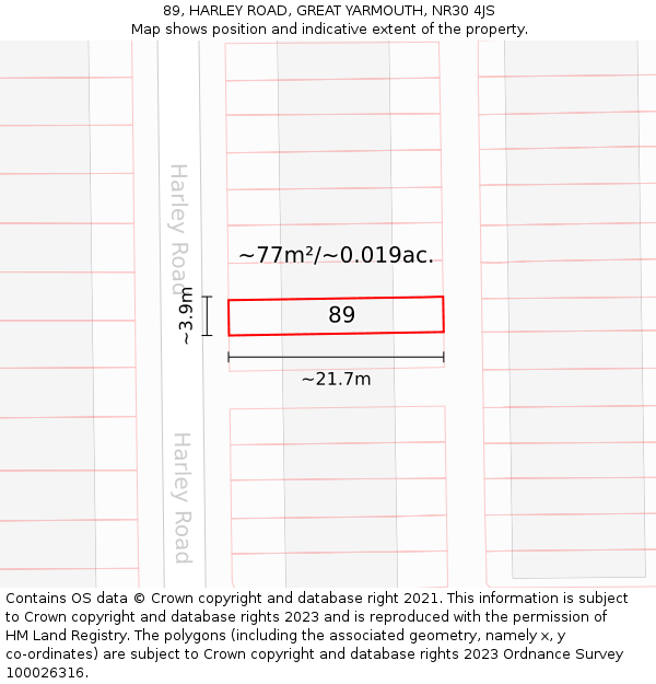 89, HARLEY ROAD, GREAT YARMOUTH, NR30 4JS: Plot and title map
