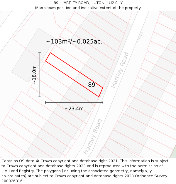 89, HARTLEY ROAD, LUTON, LU2 0HY: Plot and title map
