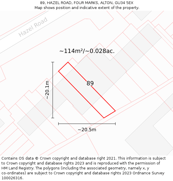 89, HAZEL ROAD, FOUR MARKS, ALTON, GU34 5EX: Plot and title map