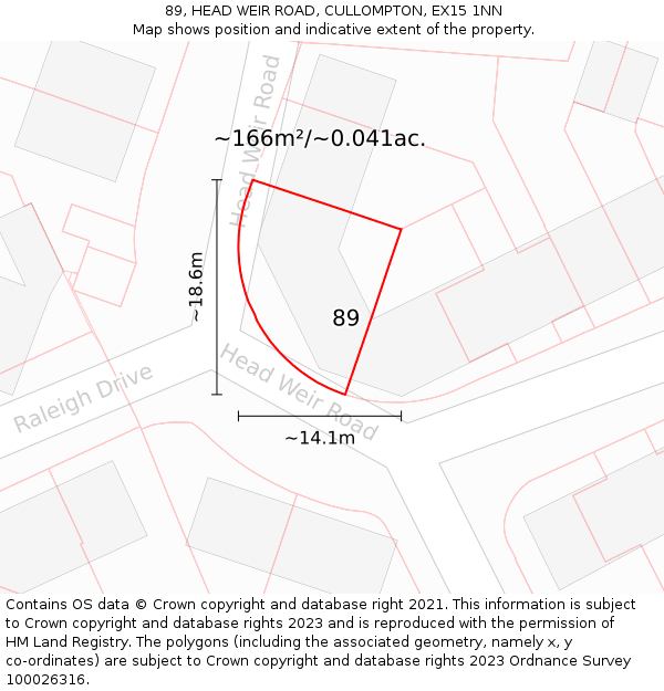 89, HEAD WEIR ROAD, CULLOMPTON, EX15 1NN: Plot and title map