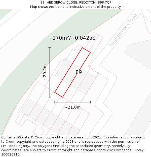 89, HEDGEROW CLOSE, REDDITCH, B98 7QF: Plot and title map