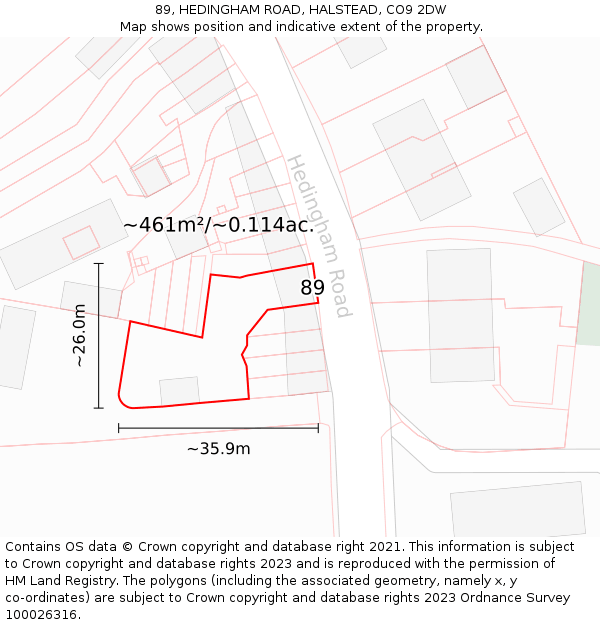 89, HEDINGHAM ROAD, HALSTEAD, CO9 2DW: Plot and title map