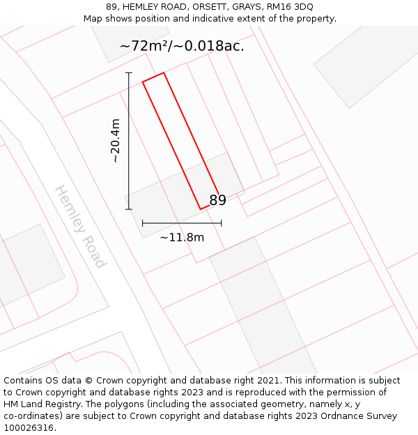 89, HEMLEY ROAD, ORSETT, GRAYS, RM16 3DQ: Plot and title map