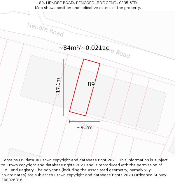 89, HENDRE ROAD, PENCOED, BRIDGEND, CF35 6TD: Plot and title map