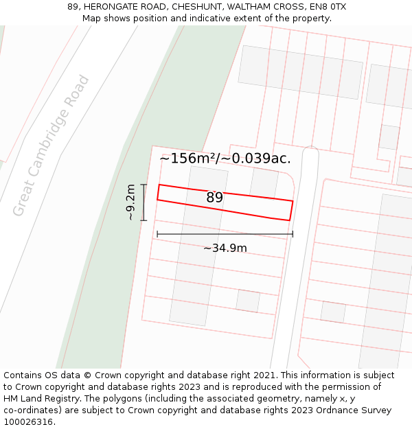 89, HERONGATE ROAD, CHESHUNT, WALTHAM CROSS, EN8 0TX: Plot and title map