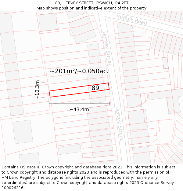 89, HERVEY STREET, IPSWICH, IP4 2ET: Plot and title map