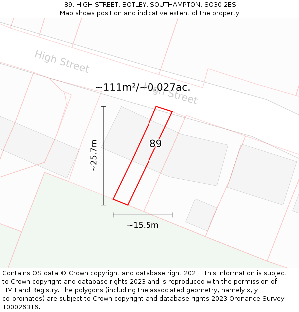 89, HIGH STREET, BOTLEY, SOUTHAMPTON, SO30 2ES: Plot and title map
