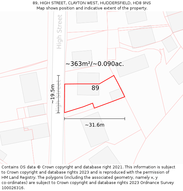 89, HIGH STREET, CLAYTON WEST, HUDDERSFIELD, HD8 9NS: Plot and title map